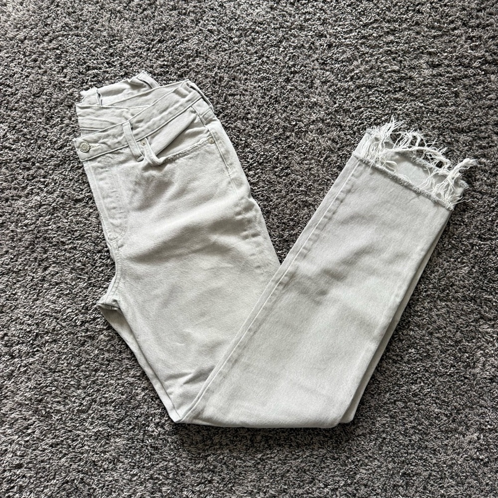 Agolde Criss Cross Light Gray Cropped Frayed Hem Jeans